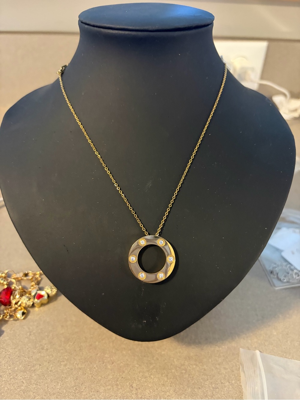 Gold Circle Pendant Necklace with Crystal Accents